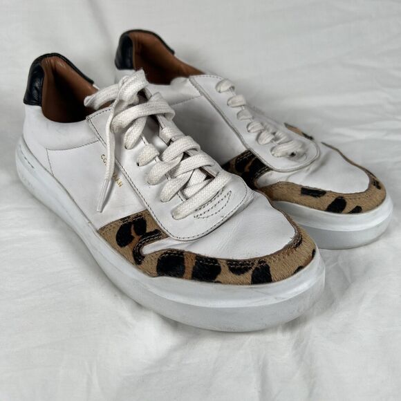 Cole Haan Women's GrandPro Sneaker 9 White Leather Leopard Horse/Cow Hair Trim - Picture 4 of 10